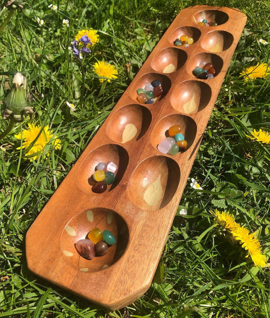 Handmade botanical  Mancala  board, with real Lilac and Rue and gem stone counters cottagecore goblincore unique nature handmade boardgame