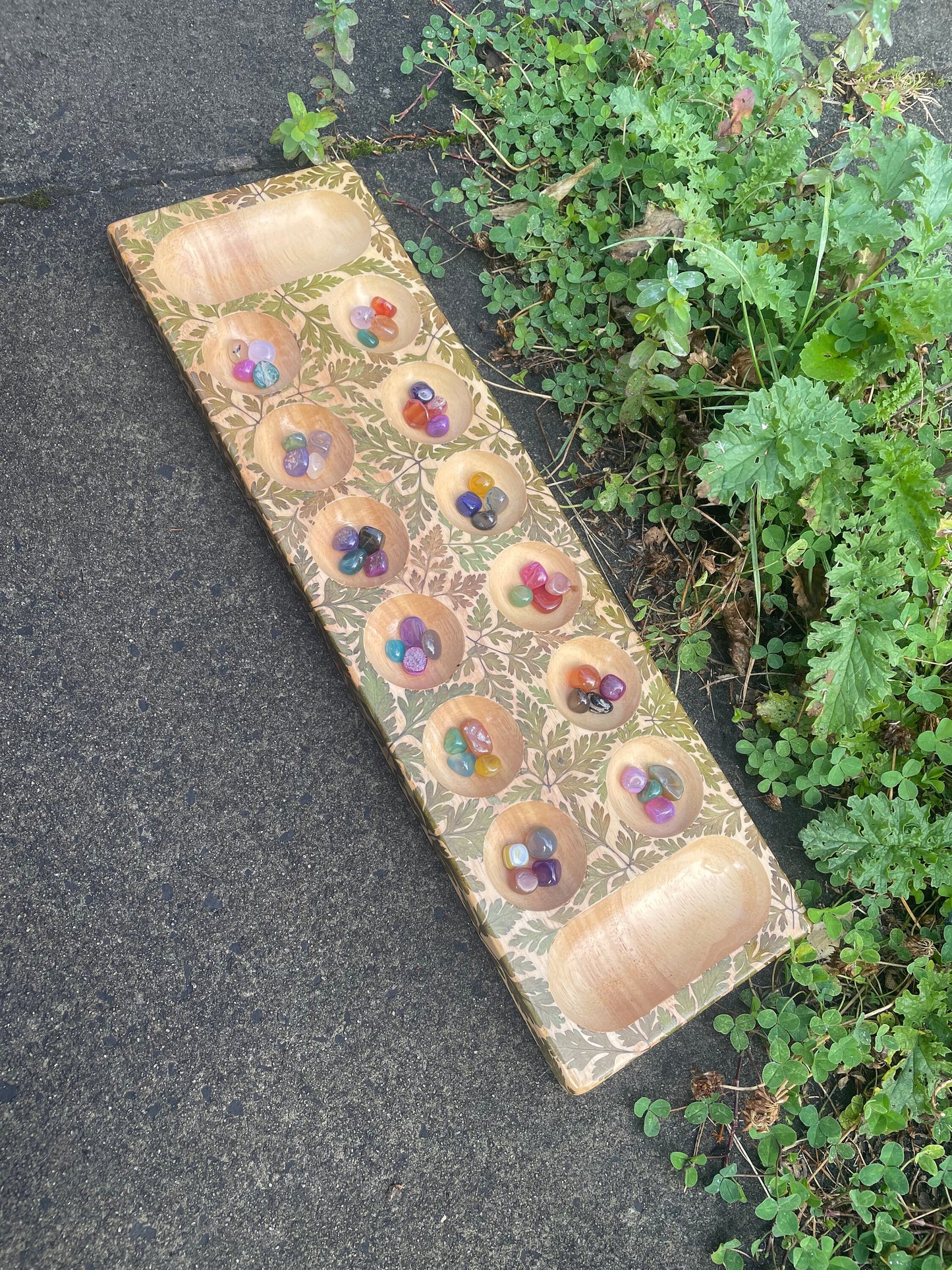 Handmade  Mancala  board, with real Geranium leaves, gemstone counter cottagecore goblincore unique nature