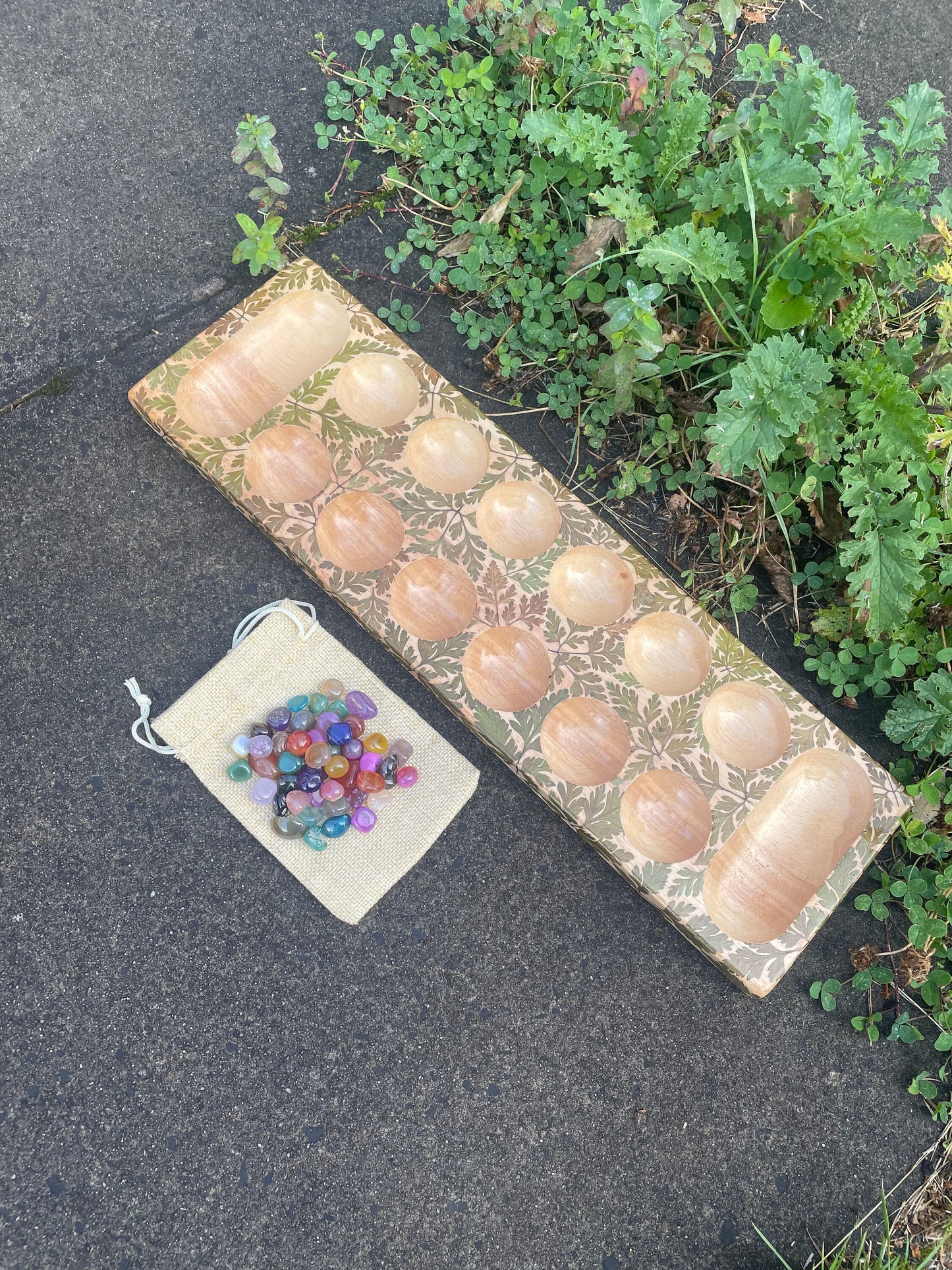 Handmade  Mancala  board, with real Geranium leaves, gemstone counter cottagecore goblincore unique nature