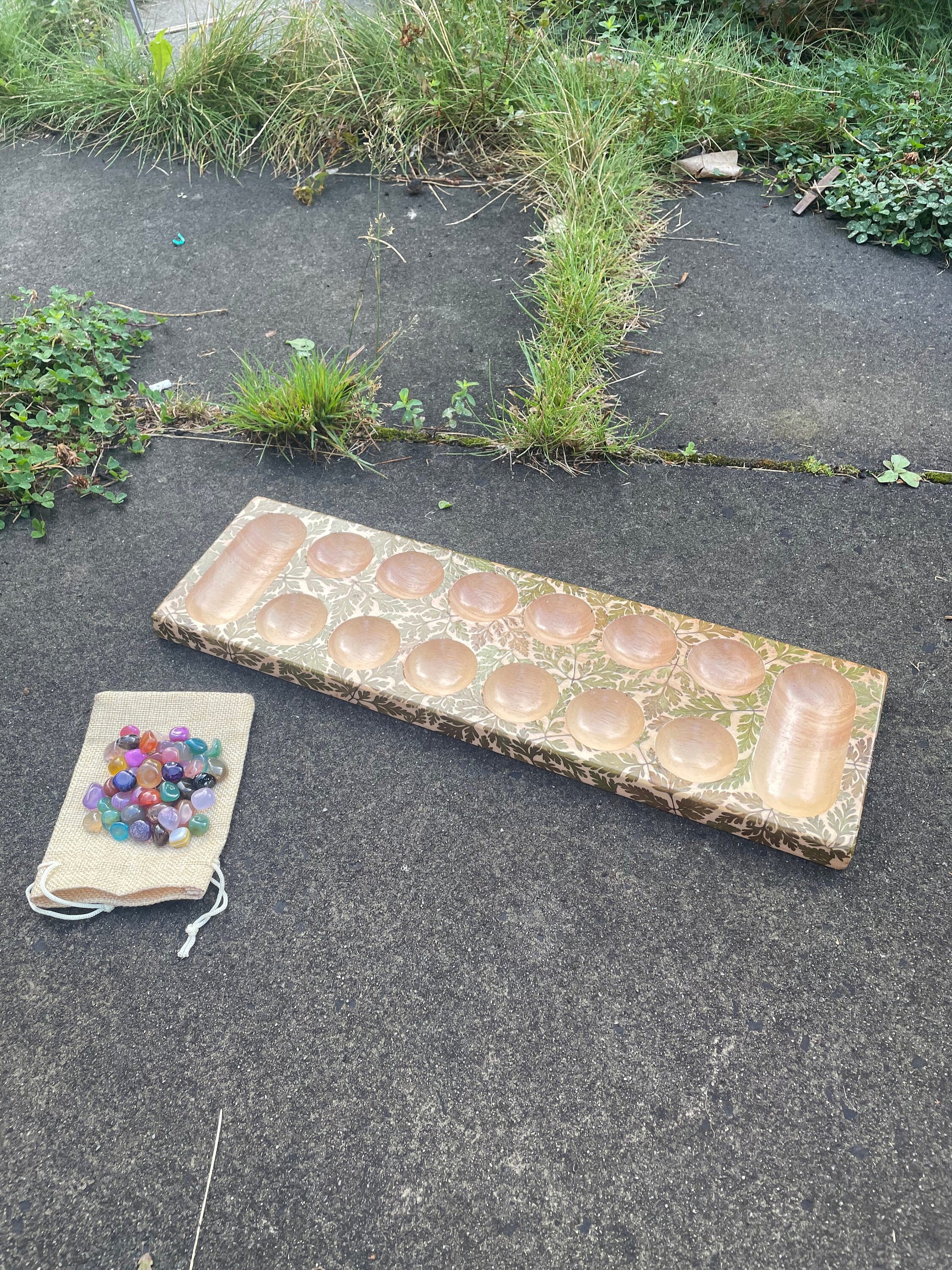 Handmade  Mancala  board, with real Geranium leaves, gemstone counter cottagecore goblincore unique nature