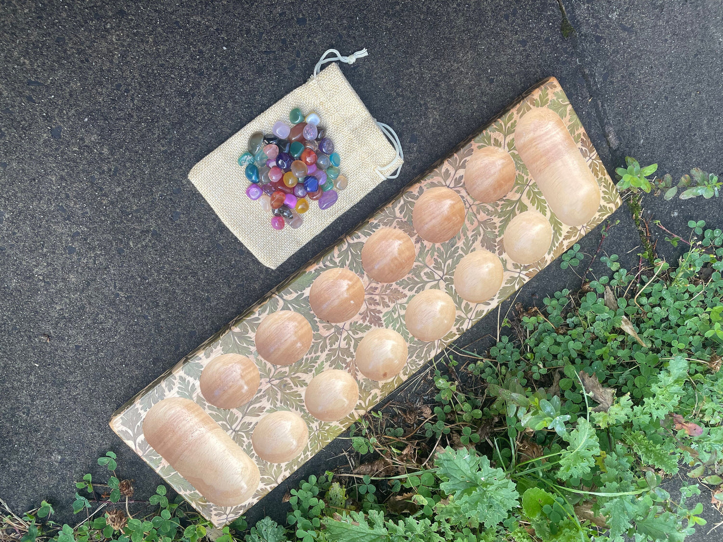 Handmade  Mancala  board, with real Geranium leaves, gemstone counter cottagecore goblincore unique nature