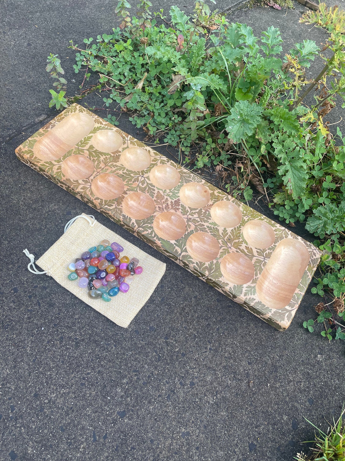 Handmade  Mancala  board, with real Geranium leaves, gemstone counter cottagecore goblincore unique nature