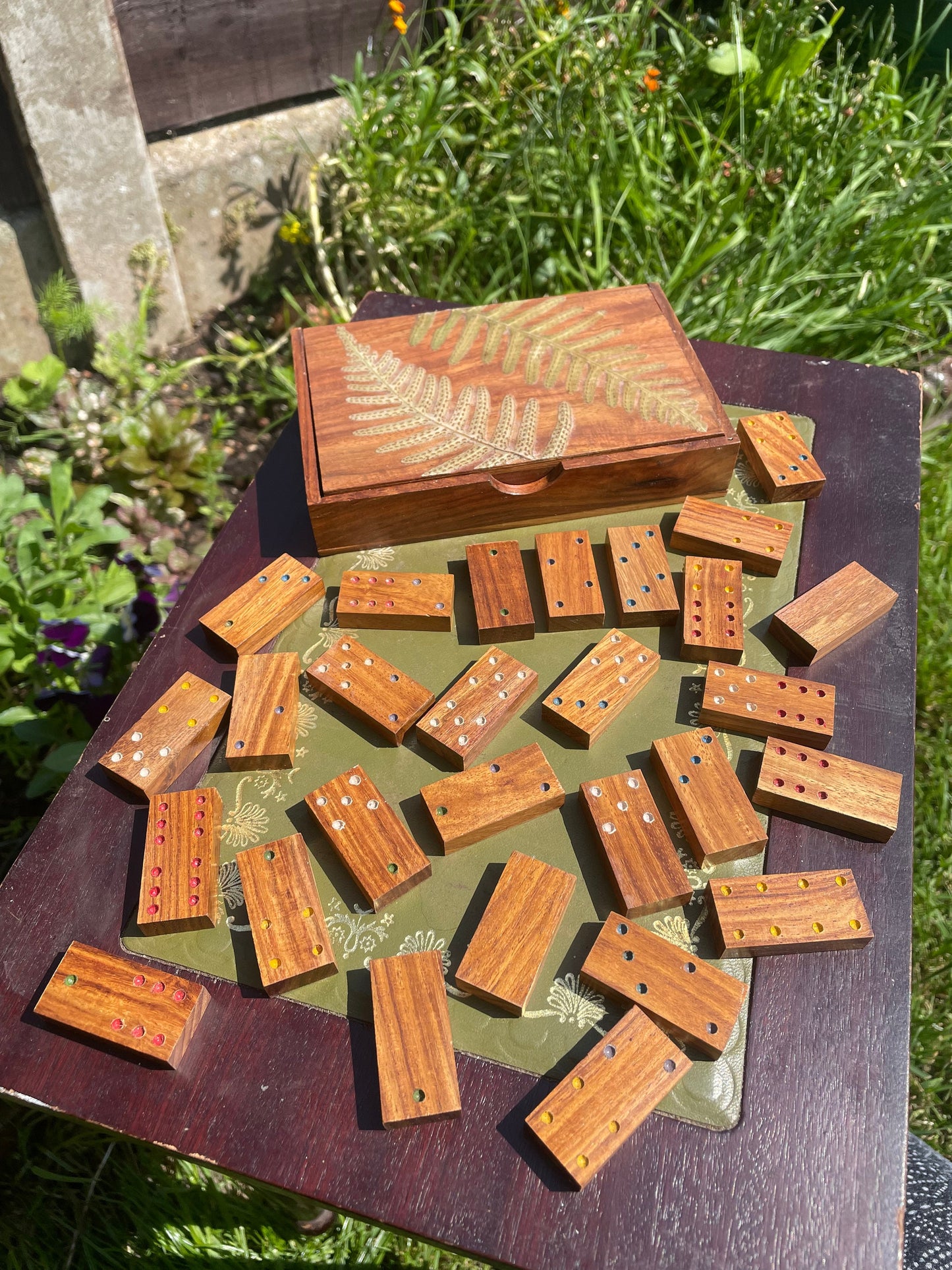 Botanical dominoes box, with real polypody fern leaves cottagecore goblincore unique nature fae handmade boardgame