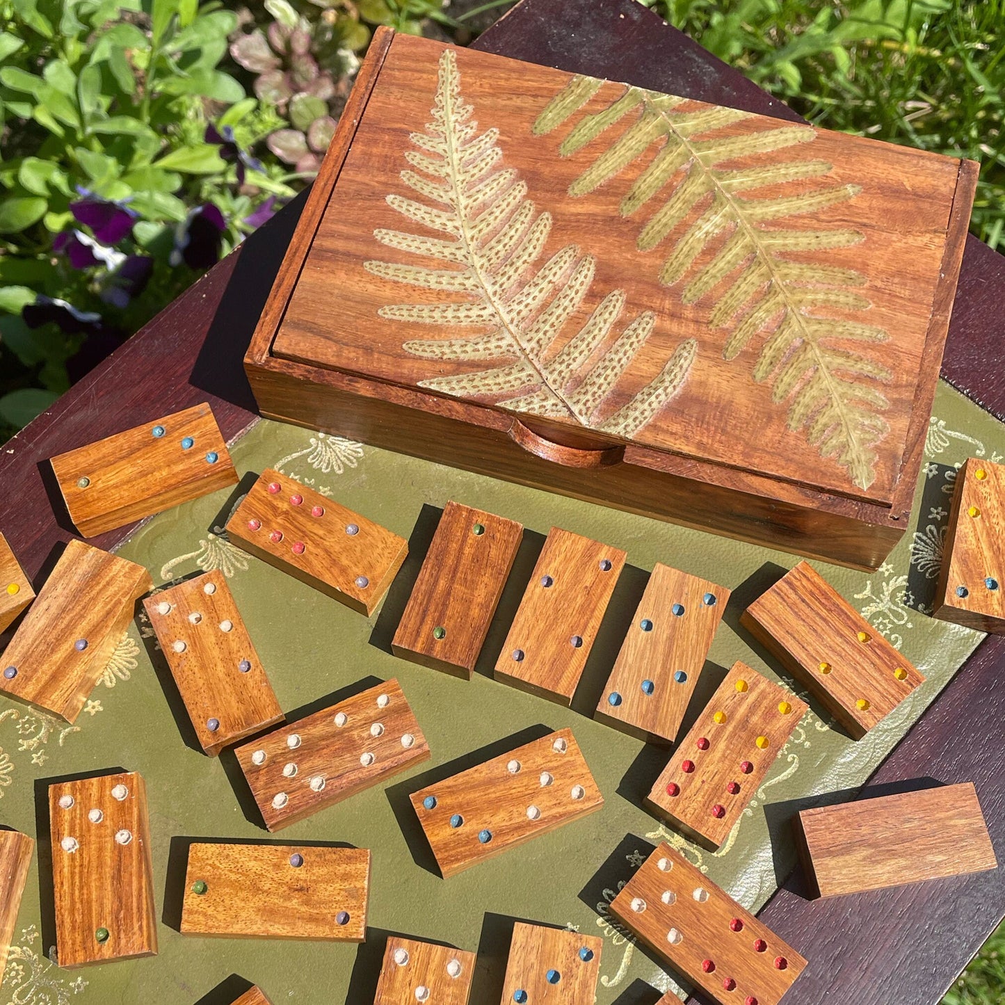 Botanical dominoes box, with real polypody fern leaves cottagecore goblincore unique nature fae handmade boardgame