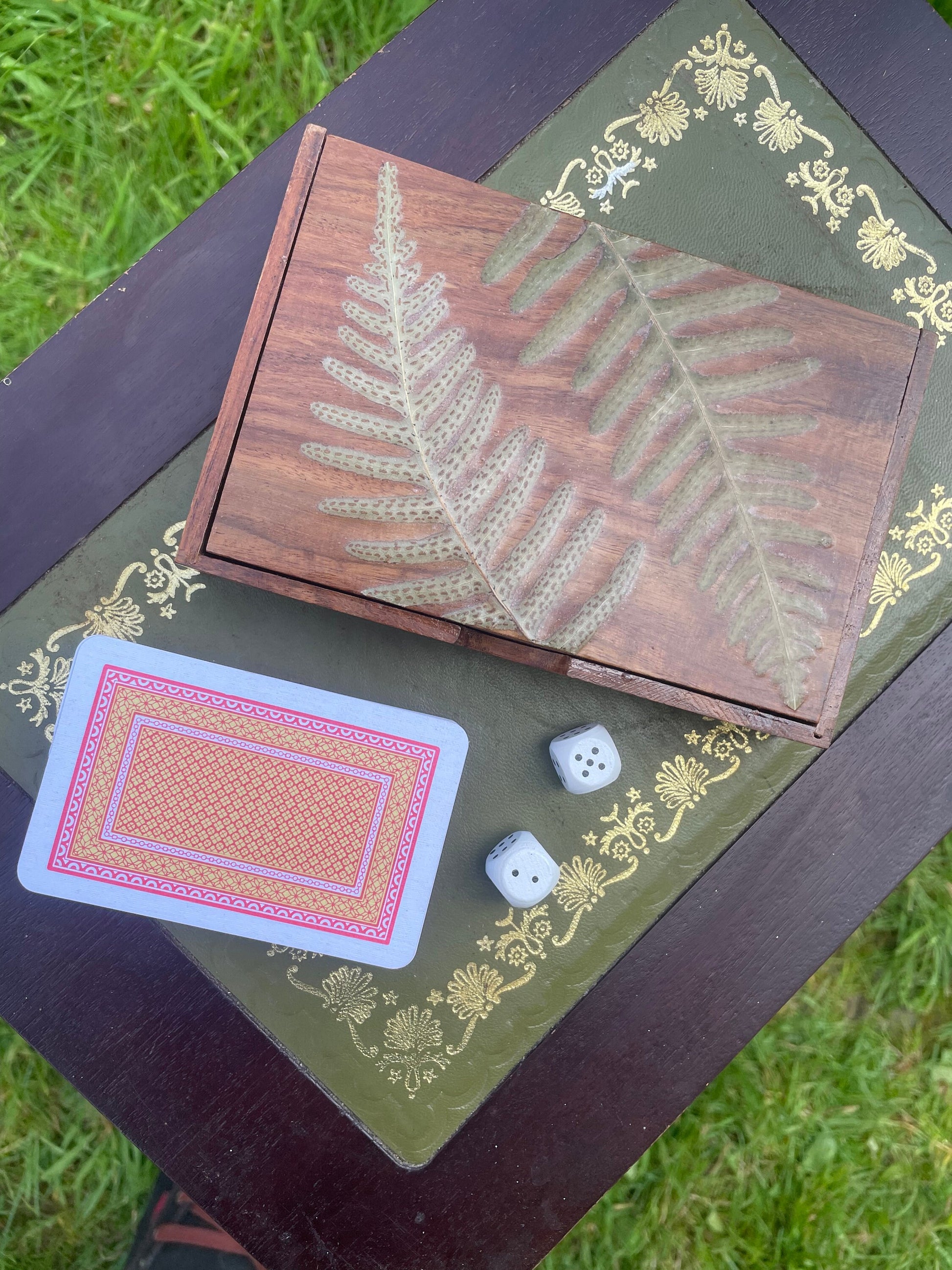 Botanical dominoes box, with real polypody fern leaves cottagecore goblincore unique nature fae handmade boardgame