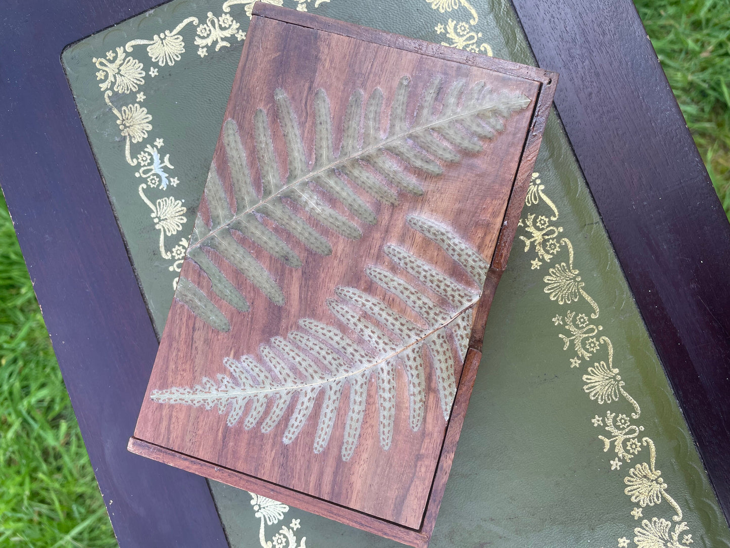 Botanical dominoes box, with real polypody fern leaves cottagecore goblincore unique nature fae handmade boardgame