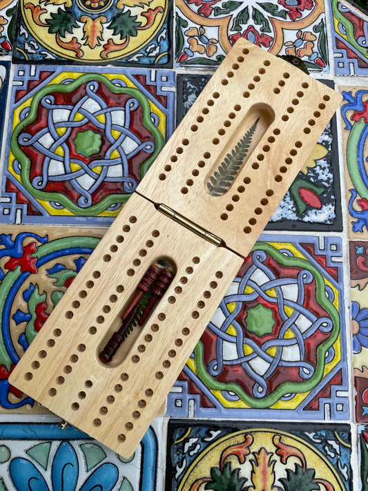 Mini folding Handmade botanical Cribbage board, with real Fern & Hawthorne blossom flowers shabby chic cottagecore goblincore unique nature