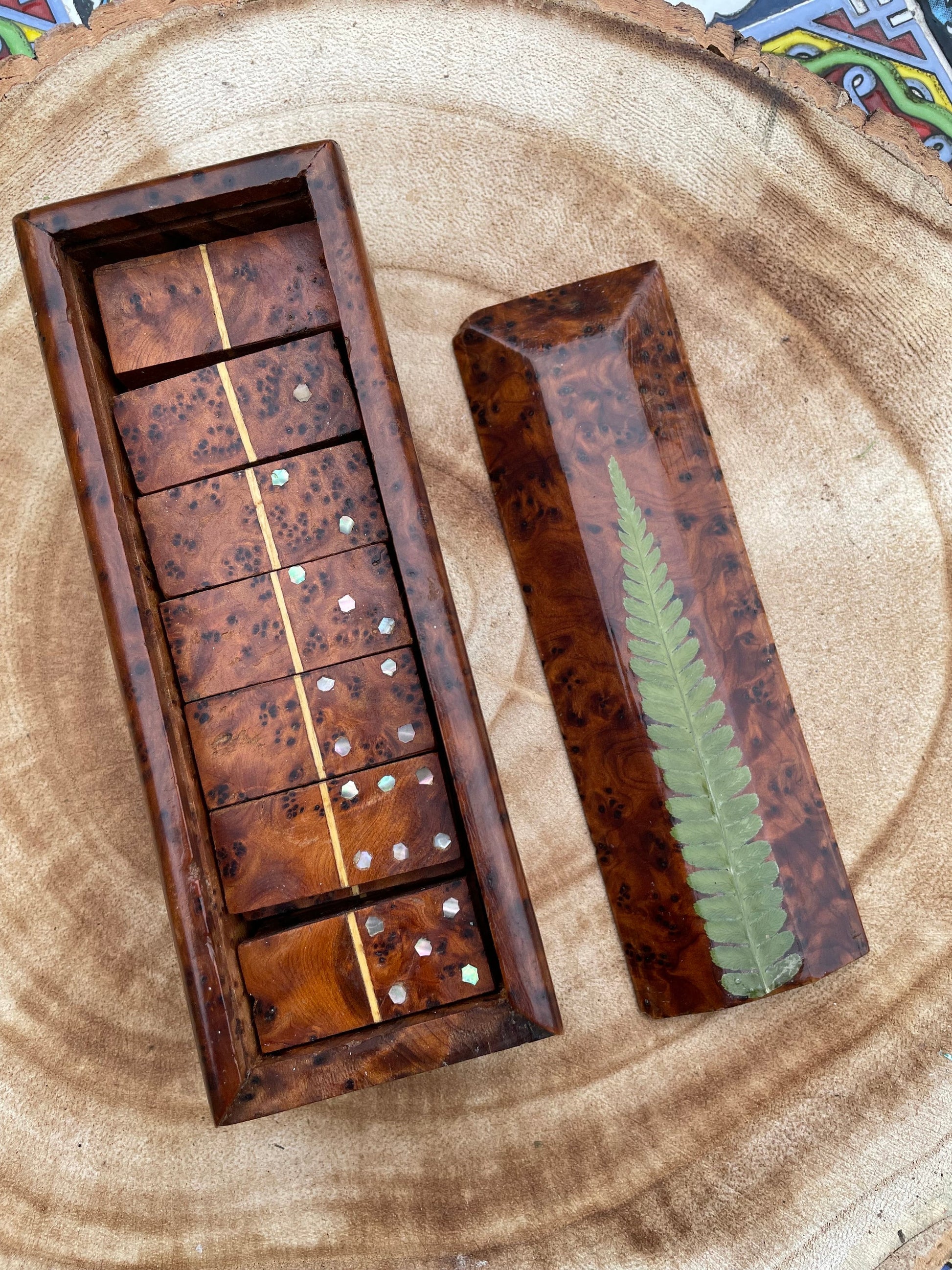 Botanical dominoes box, with real polypody fern leaves cottagecore goblincore unique nature fae handmade boardgame